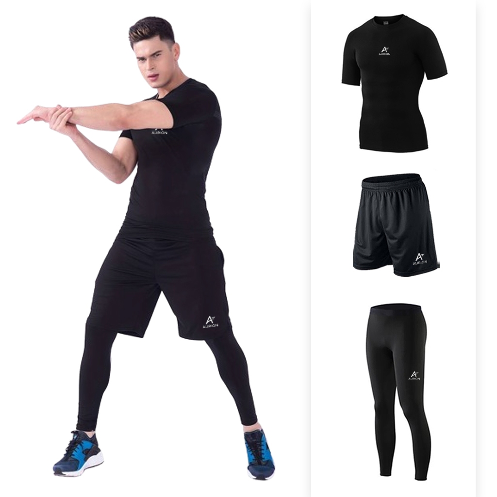 AURION Setelan Baselayer Manset Lengan Pendek Celana Pendek dan Legging Olahraga Pria Wanita