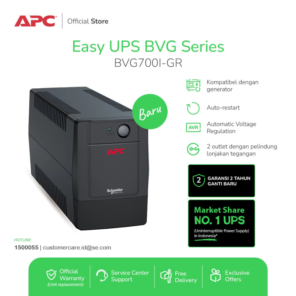 APC Easy UPS BVG700I-GR tampak depan dengan dua outlet Schuko dan LED indikator