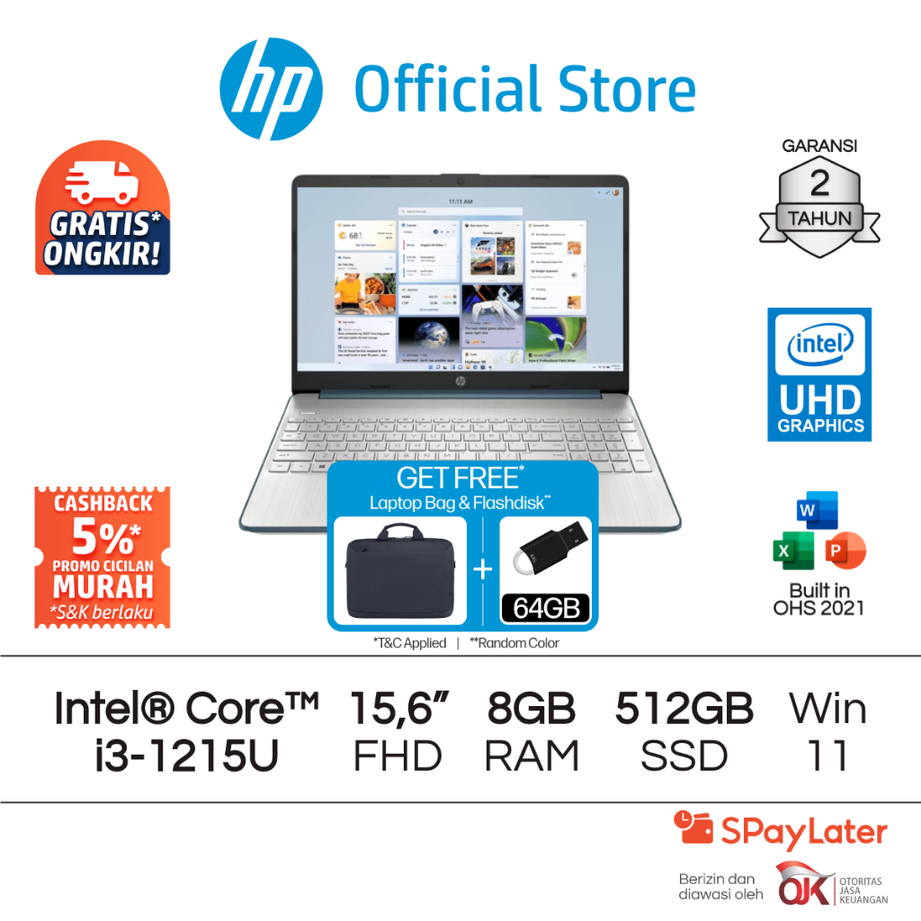 Laptop HP Intel Core i3 UHD 8GB RAM 512GB SSD Blue Silver Windows 11 Home  Inch Gen 12 Garansi Tahun Promo Murah Gratis Ongkir Official Non