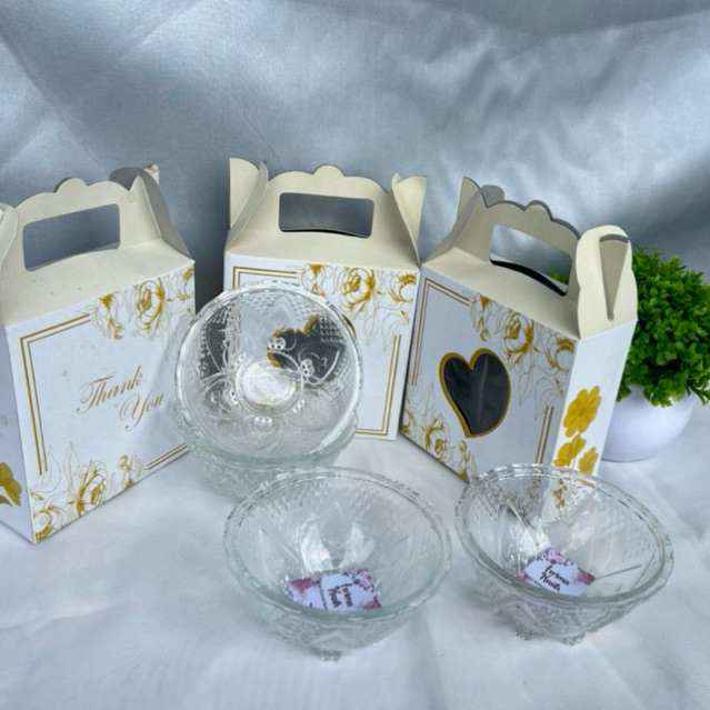 ( Isi 50pcs ) Souvenir Mangkok Beling Motif Crystal Kemasan Box Gold Tenteng Free Kartu Ucapan terima kasih