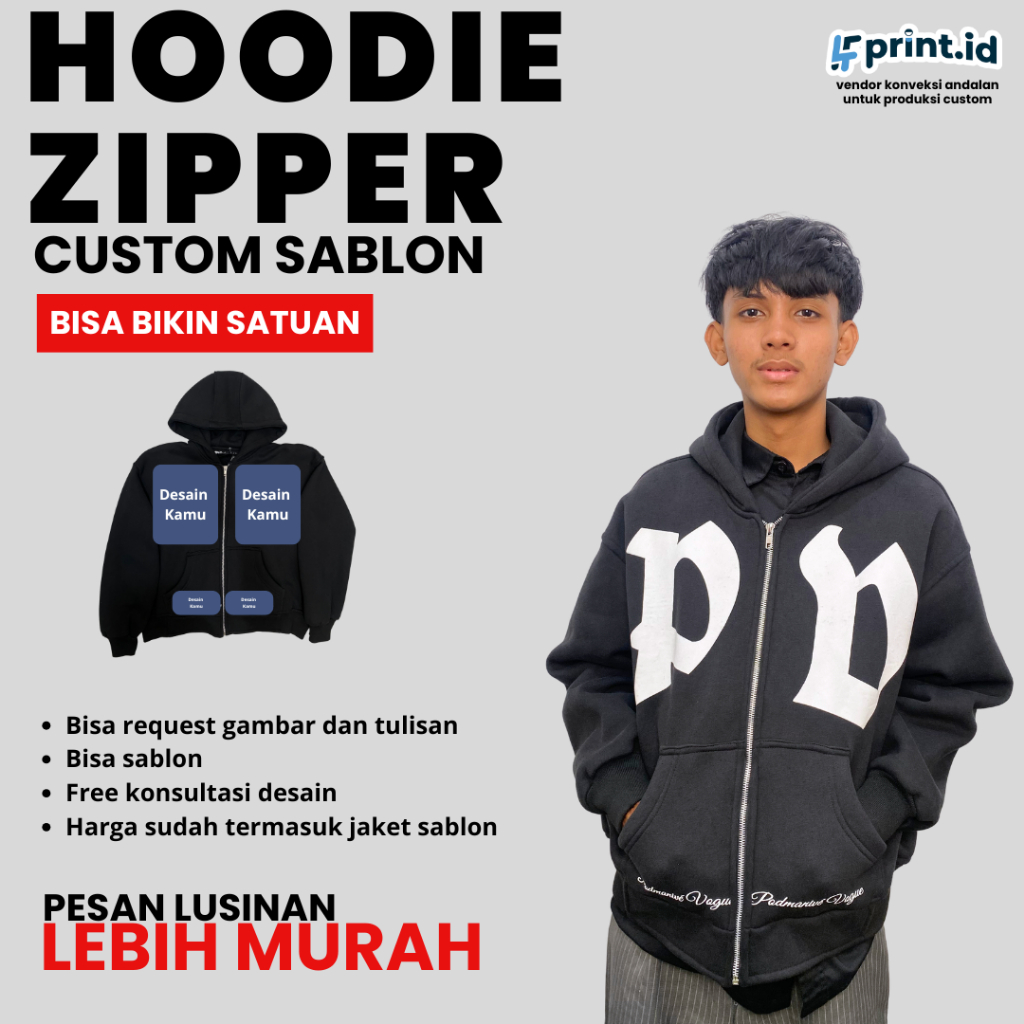 Jual HOODIE ZIPPER CUSTOM PRIA WANITA SABLON SATUAN DESAIN