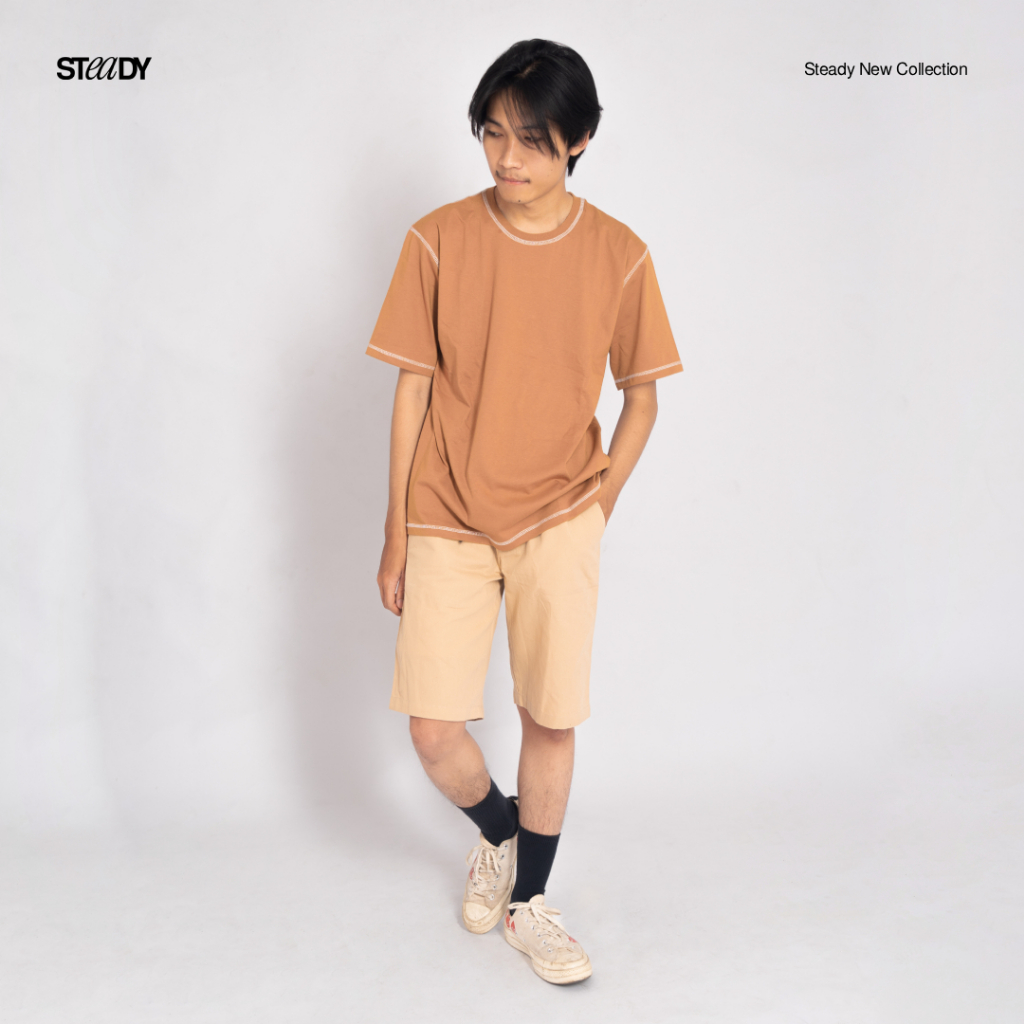 Jual Steady&Slow - Luke Contrast Stitch Oversized T-Shirt Brown | Kaos ...