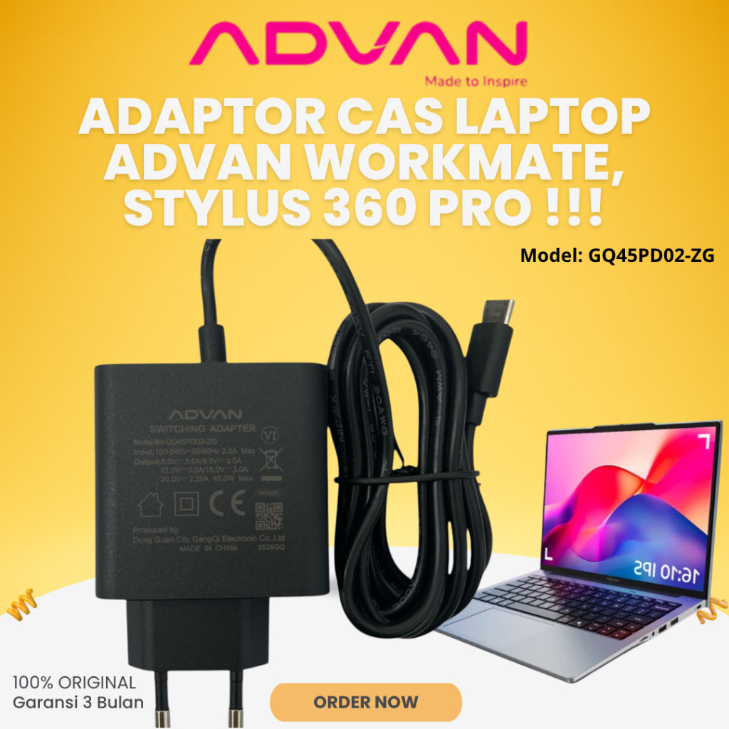 Jual ADAPTOR CAS LAPTOP ADVAN WORKMATE | STYLUS 360 PRO GQ45PD02-ZG ...
