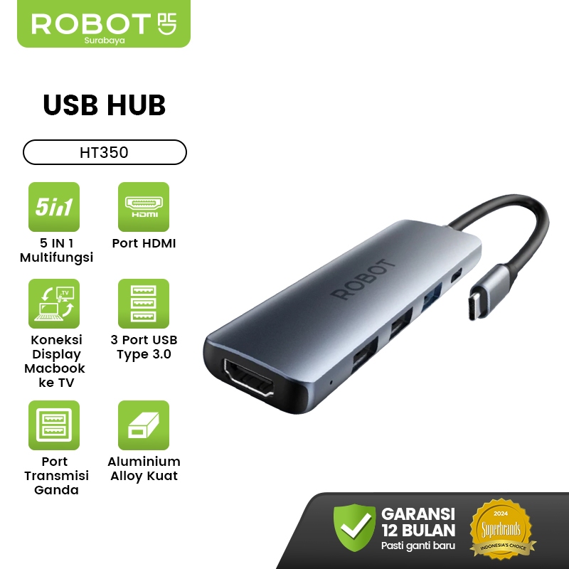 Jual ROBOT Konverter USB HUB 5 in 1 | Adapter Type-C Port HDMI | HT350 ...