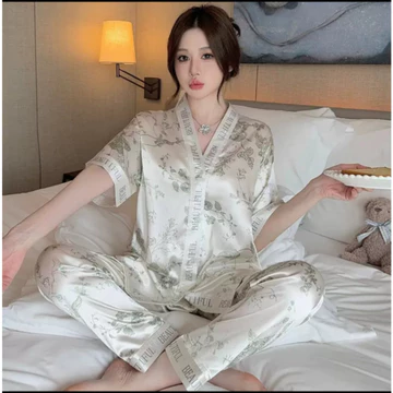 Setelan Baju Tidur Piyama Wanita Dewasa Satin Premium Lengan Pendek Celana Panjang 003