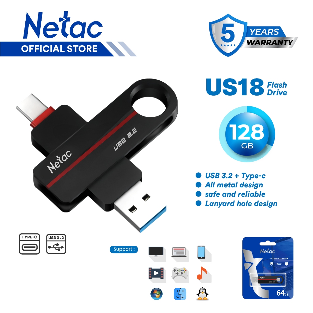 Jual Netac OTG Flashdisk US18 USB 3.2 + Type-C Dual Flash Drive 128GB ...