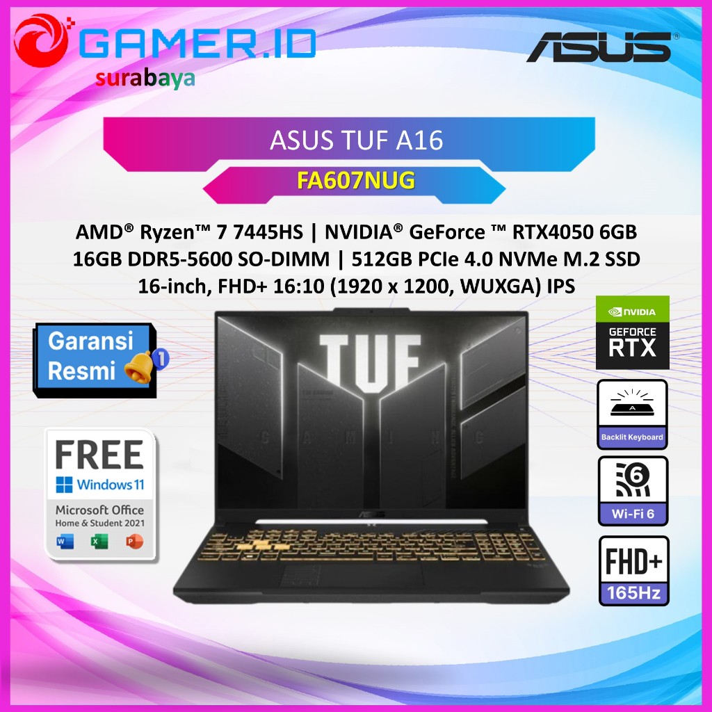 Jual LAPTOP ASUS TUF A16 FA607NUG RYZEN 7 7445HS RTX4050 6GB/ 16GB ...