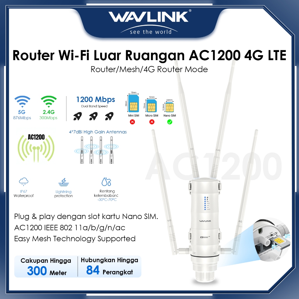 Wavlink AC1200 SIM Card 4G LTE Router CPE Outdoor, dilengkapi dengan slot  kartu SIM, mendukung Wi-Fi dual-band (2,4 GHz GHz), dilengkapi dengan 