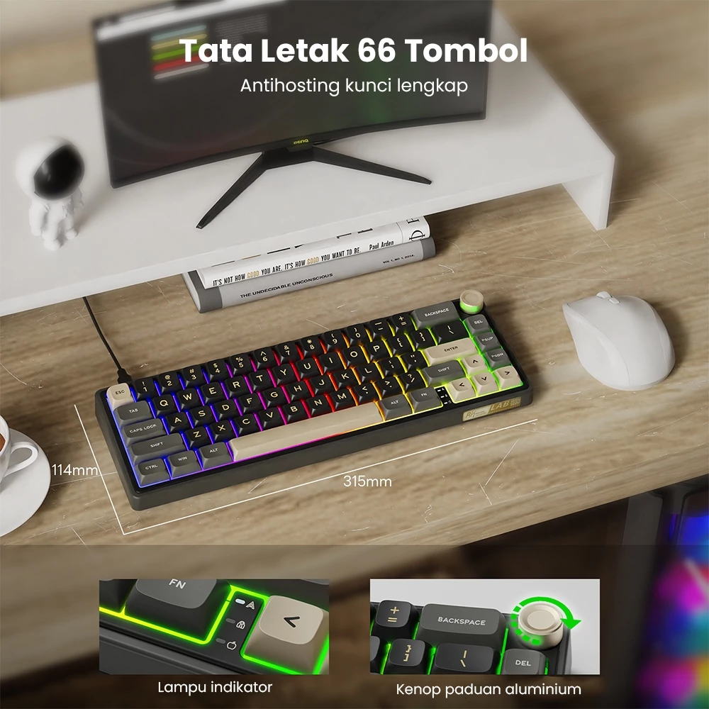 Royal Kludge RK R65 keyboard gaming mekanik 60% dengan RGB backlit dan volume knob