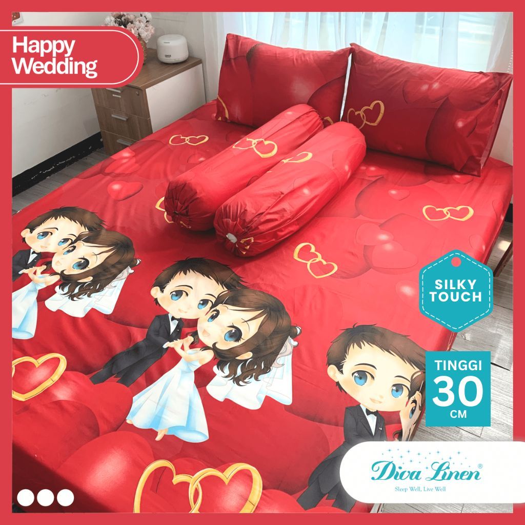 Diva Linen Happy Wedding Set Sprei Microtex [Tinggi 30 cm] Merah - Kado Pernikahan
