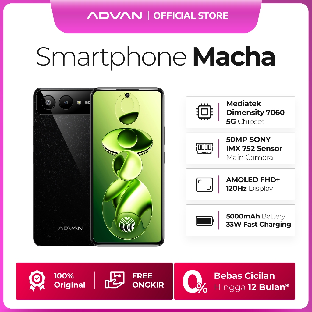 [FREE CASE] ADVAN Macha 5G 8GB+8GB*I256GB | Dimensity 7060 | Baterai 5000mAh I AMOLED 120Hz  | NFC | Bypass Charging | AI Assistant