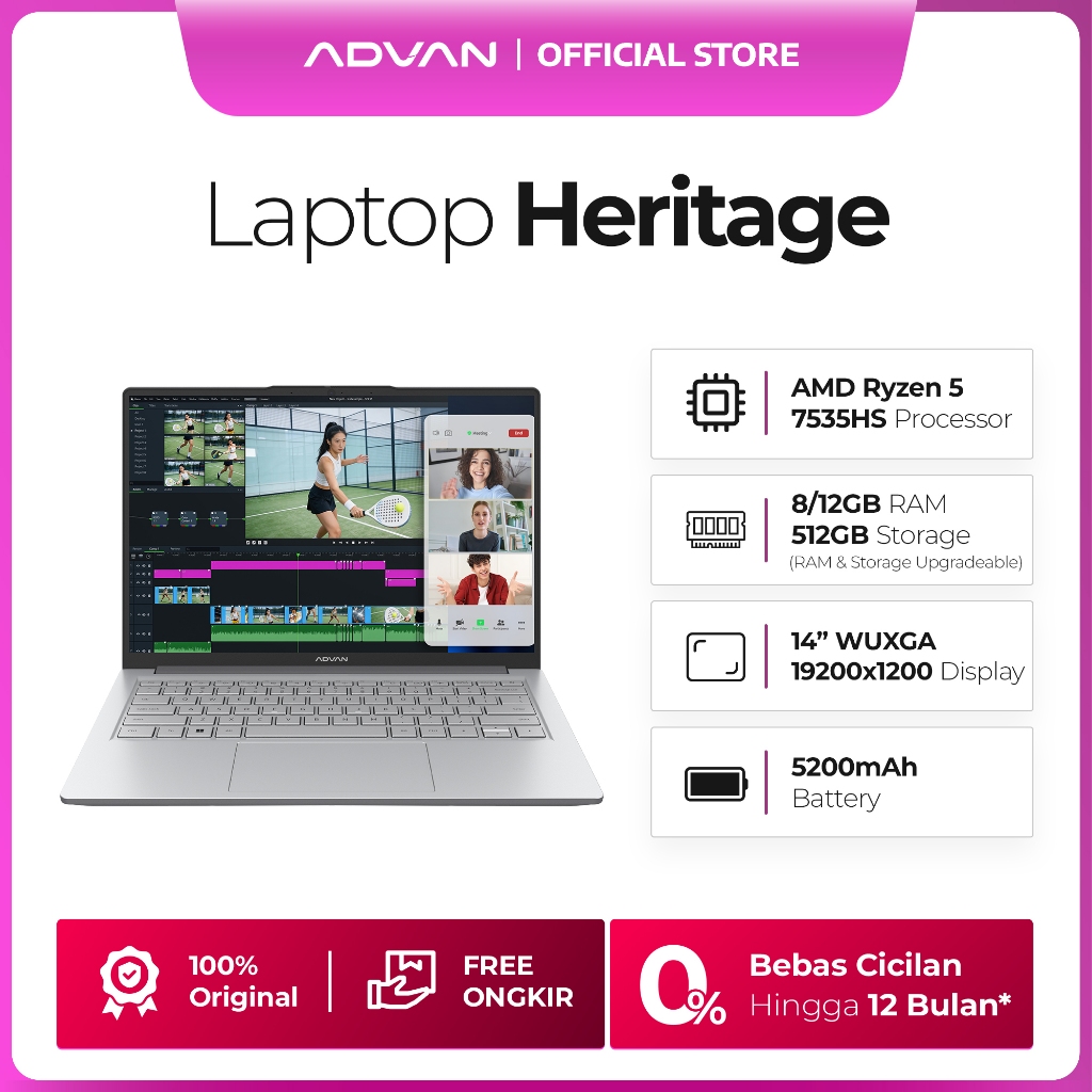 [FREE STAND LAPTOP] ADVAN Laptop Workplus Heritage Ryzen 5 7535HS | 16GB/1TB | Desain Eksklusif Batik Megamendung |  14" IPS Full HD Plus WUXGA 1920x1200 Display 16:10 | 1.55 KG Weigth | Windows 11 | Garansi Resmi 2 Tahun