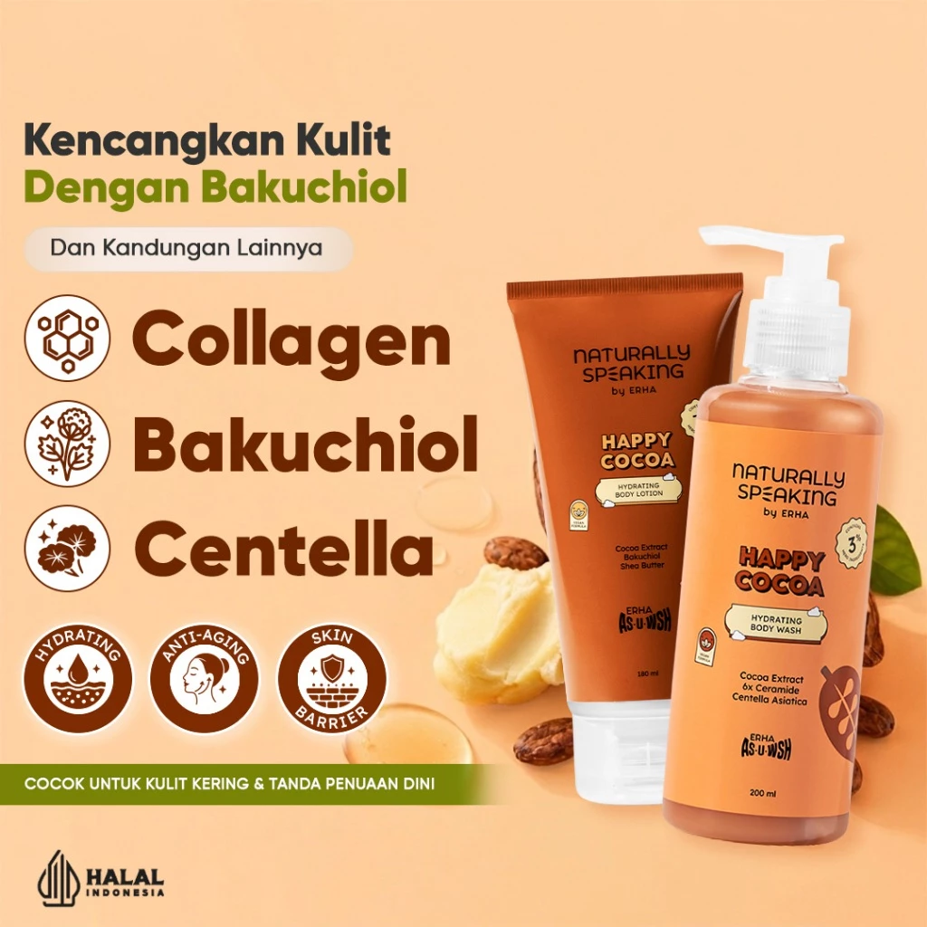 Naturally Speaking by ERHA Body Wash Brightening with Collagen, Centella, 6x Ceramide – Happy Cocoa 200ml | 6x Ceramide barrier repair | Cocoa antioxidant | Kulit kering - Body Wash Whitening Sabun Mandi Cair - foto 1