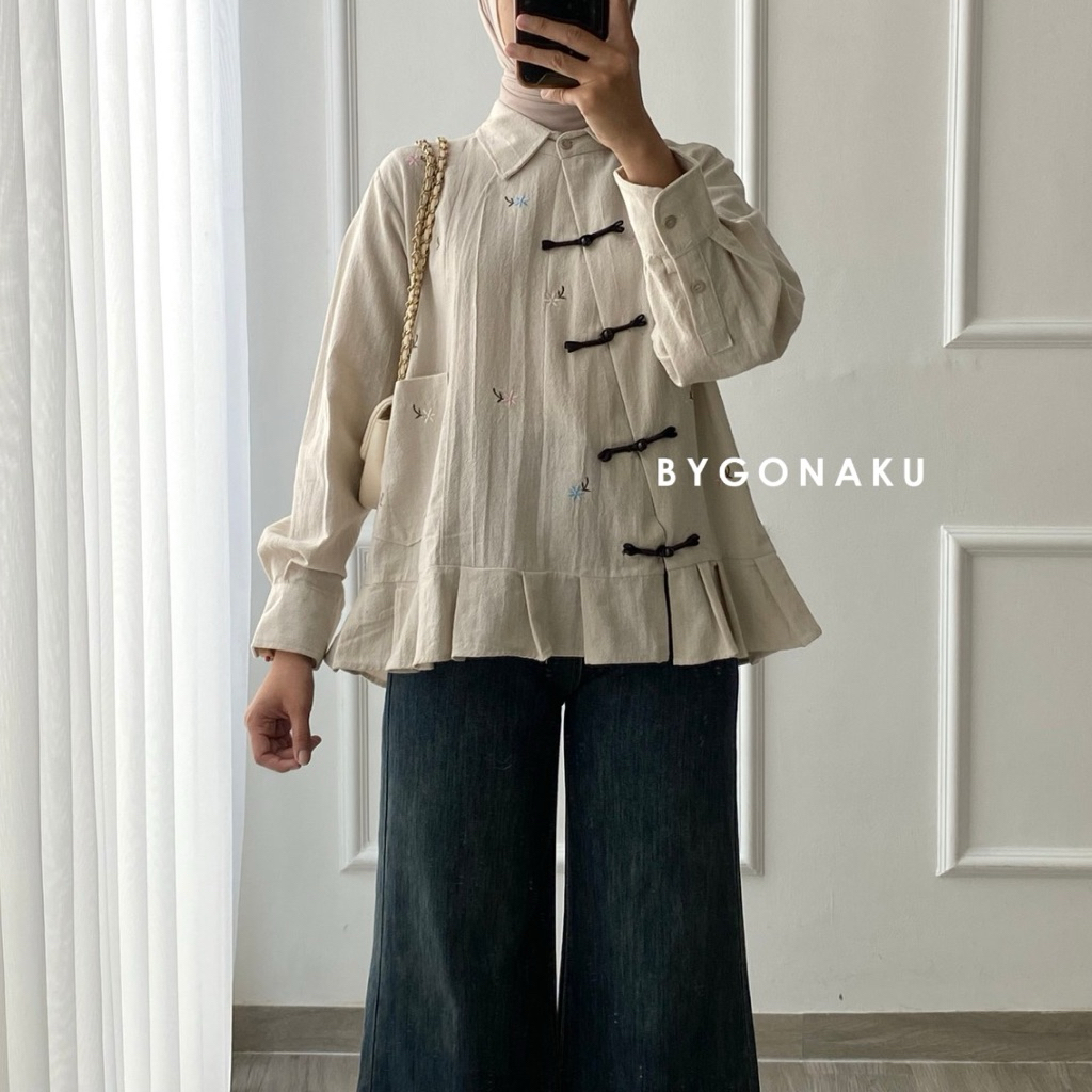 [Bygonaku] Happy Cheongsam Top Blouse Linen Bordir | Atasan Blouse Kemeja Kerja Kuliah Wanita Korean Style | Busui Friendly