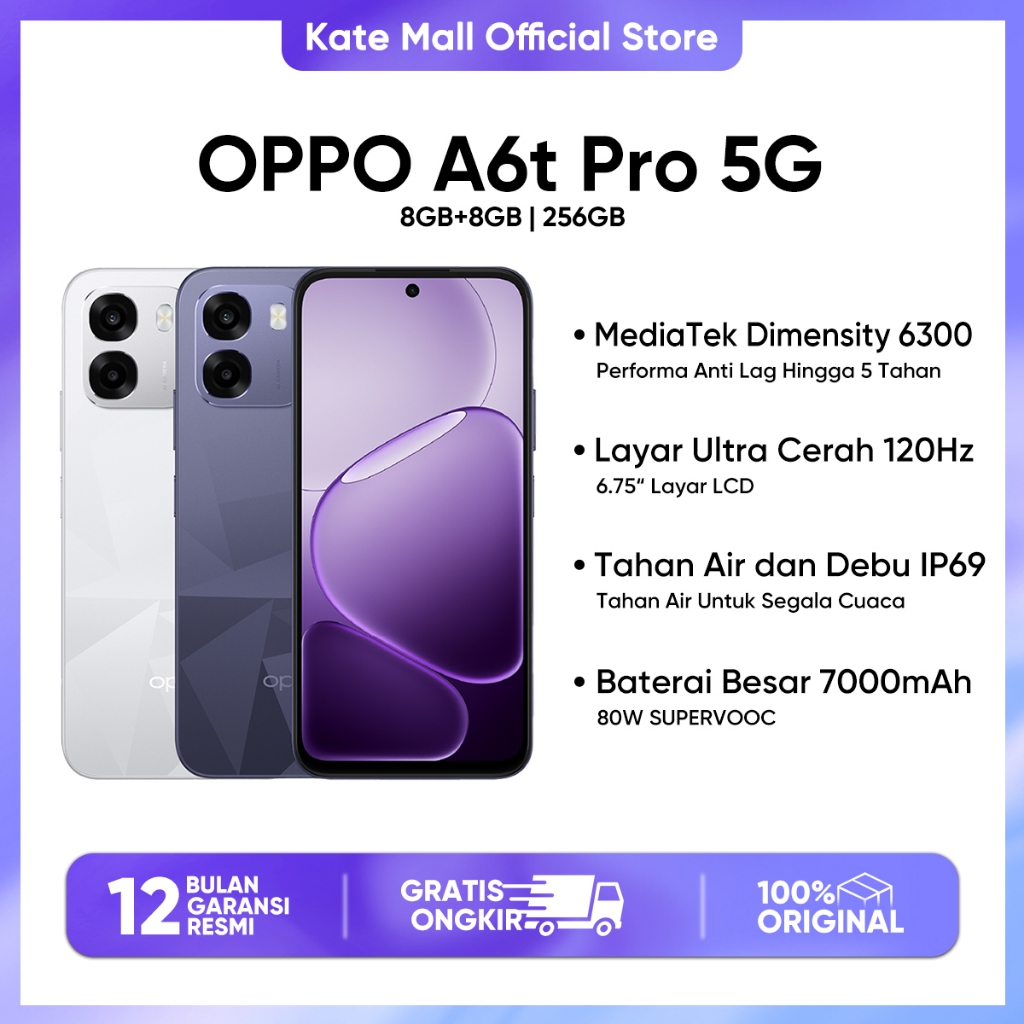 OPPO A6t Pro 5G 8/256GB Dimensity 6300 7000mAh Large Battery 80W SUPERVOOC Garansi Resmi