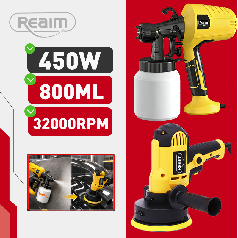 Reaim Paket Spray gun Cat Listrik 450W 800ML dan Mesin Poles Mobil 400W Polisher Mobil Motor Tembok