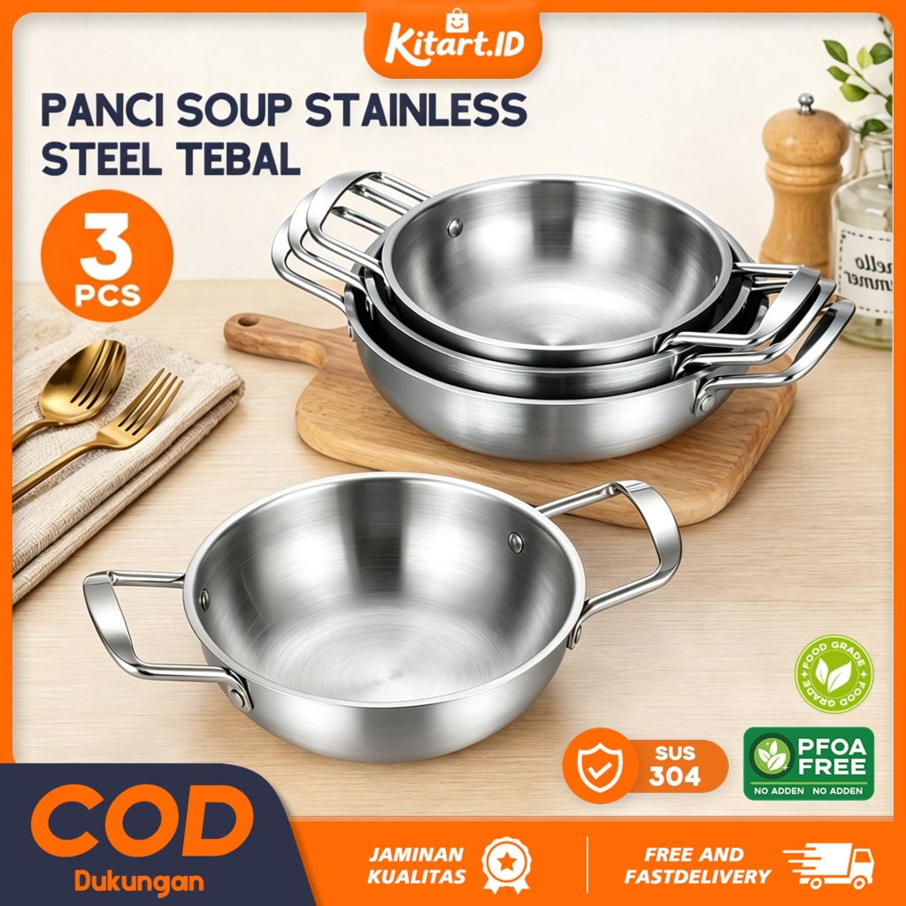 COOKHEN 3PCS Set Premium Gold Silver Panci Ramen Korea Stainless Stell 304 Noodle Pot 18,20,22CM