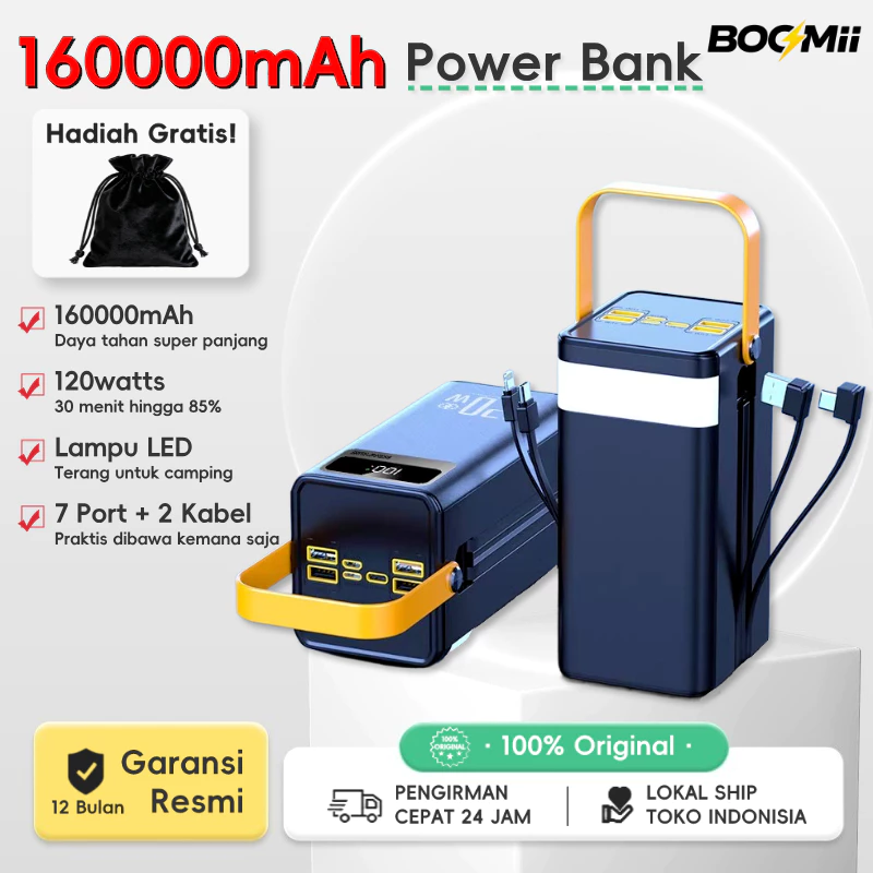 BOOMii 160000mAh Power Bank Kapasitas Besar Fast Charging PD120W LED Lampu Outdoor Powerbank - foto 1