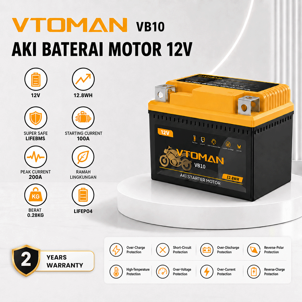VTOMAN VB10 Aki Baterai Motor 12V Aki Starter Motor Aki Kering, cocok untuk motor 100cc-125cc, Aki Lithium