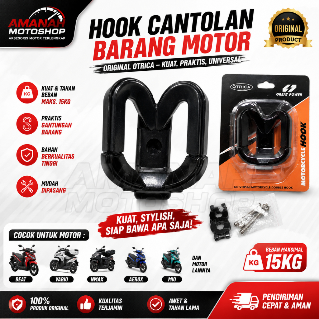 Hook Cantolan Barang Motor Original OTRICA – Universal Beat, Vario, NMAX, Aerox, MIO | Beban 15kg
