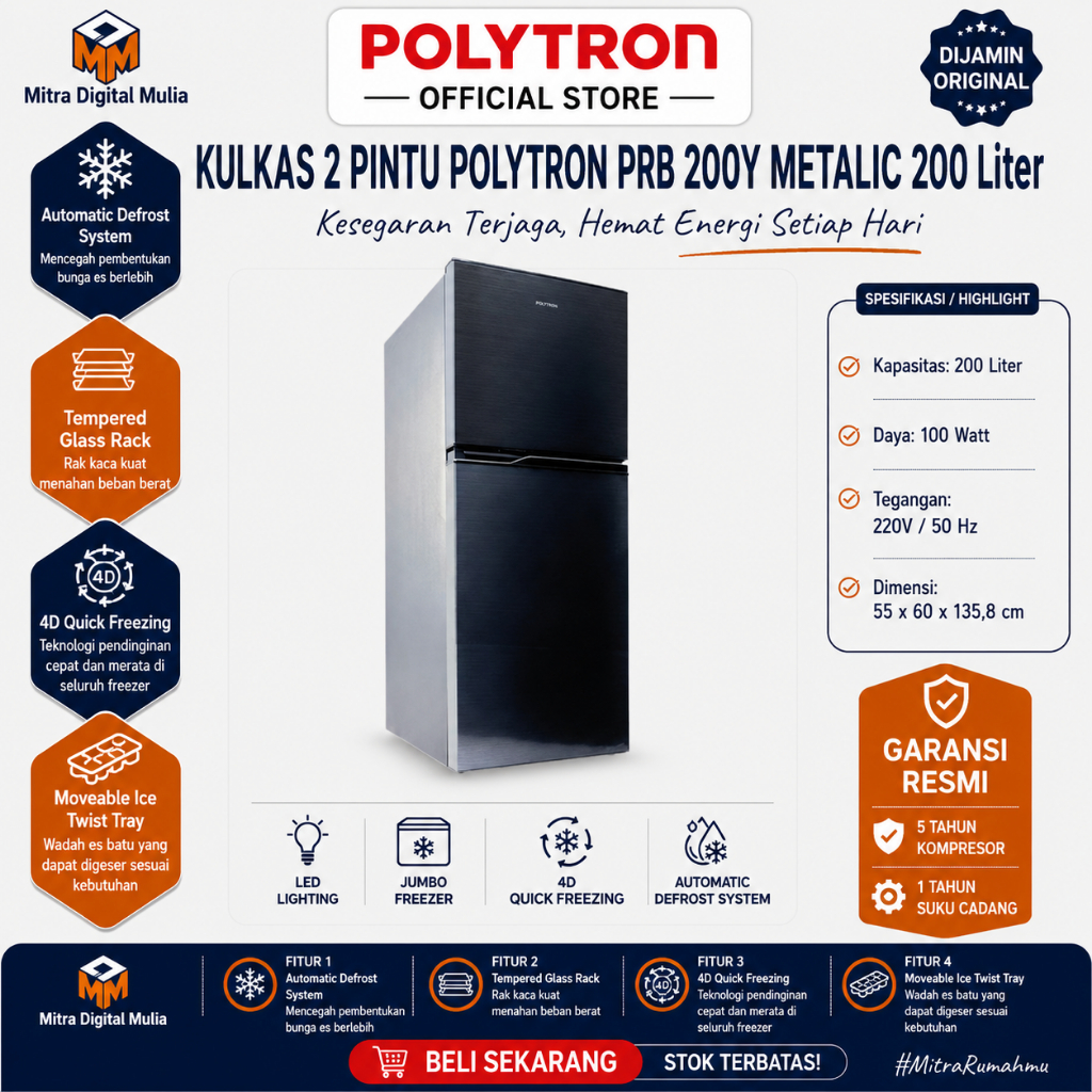 Jual Polytron PRB200Y Kulkas 2 Pintu 200L High Efficiency Compressor ...