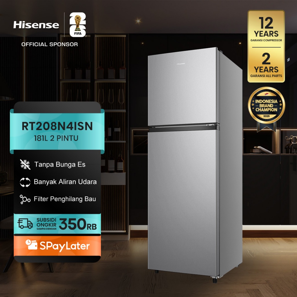 Hisense Kulkas RT208N4ISN Refrigerator 2 Pintu Kapasitas 181L Warna Silver Tanpa Bunga Es Sirkulasi Udara 360 Derajat & Filter Anti Bau Desain Minimalis Pintu Besar Terbuka 90 Derajat