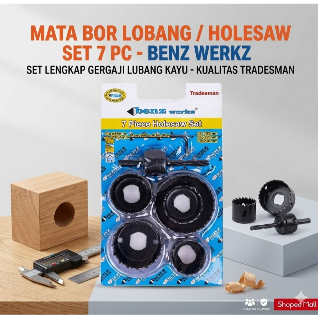 BENZ Holesaw Kit 7 Pcs Alat Pembuat Lubang Paralon Hidroponik Mata Bor Gergaji Bulat Kayu Triplek Serbaguna Mata Bor Holesaw Set 7 Pcs BENZ Werkz Alat Pelubang Gergaji Bulat Lubang Kayu PVC Plafon Gypsum Rumah Lampu
