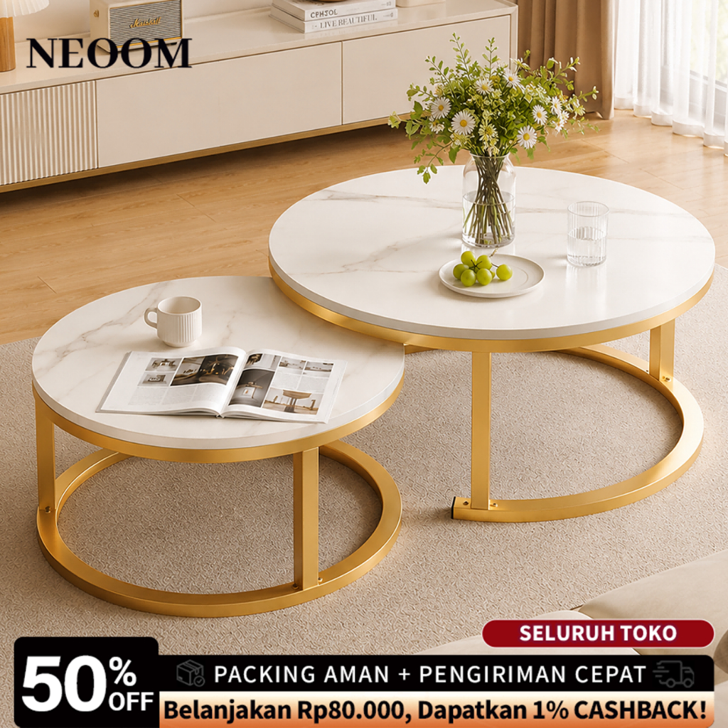 COD Meja Kopi Bulat Set 2 Motif Marmer Putih Minimalis Modern Luxury Coffee Table Meja Tamu Premium Elegan Estetik Kokoh Ruang Tamu