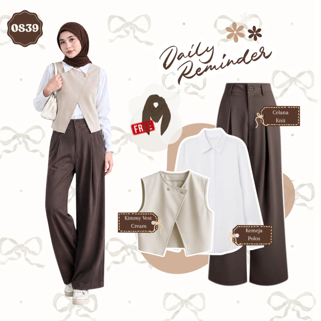 One Set Korean Style Hijab  - Kimmy Vest Cream, Kemeja Polos Putih, Celana Knit Coklat - Setelan 3in1 Set Outfit Remaja Kekinian | Outfit Set Wanita Hijab   - OS39