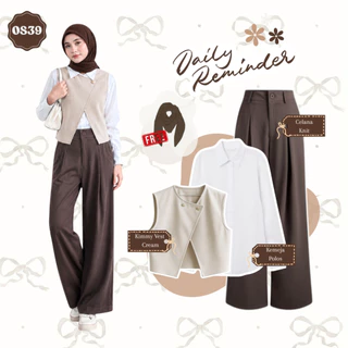 One Set Korean Style Hijab  - Kimmy Vest Cream, Kemeja Polos Putih, Celana Knit Coklat - Setelan 3in1 Set Outfit Remaja Kekinian | Outfit Set Wanita Hijab   - OS39