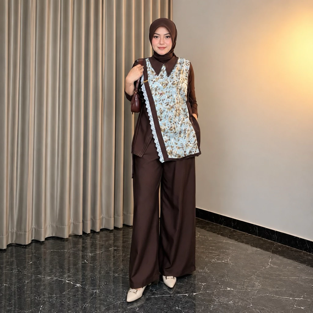 MAORA Set Kulot Wanita Muslimah + Rompi Katun Bordir | Outfit kondangan