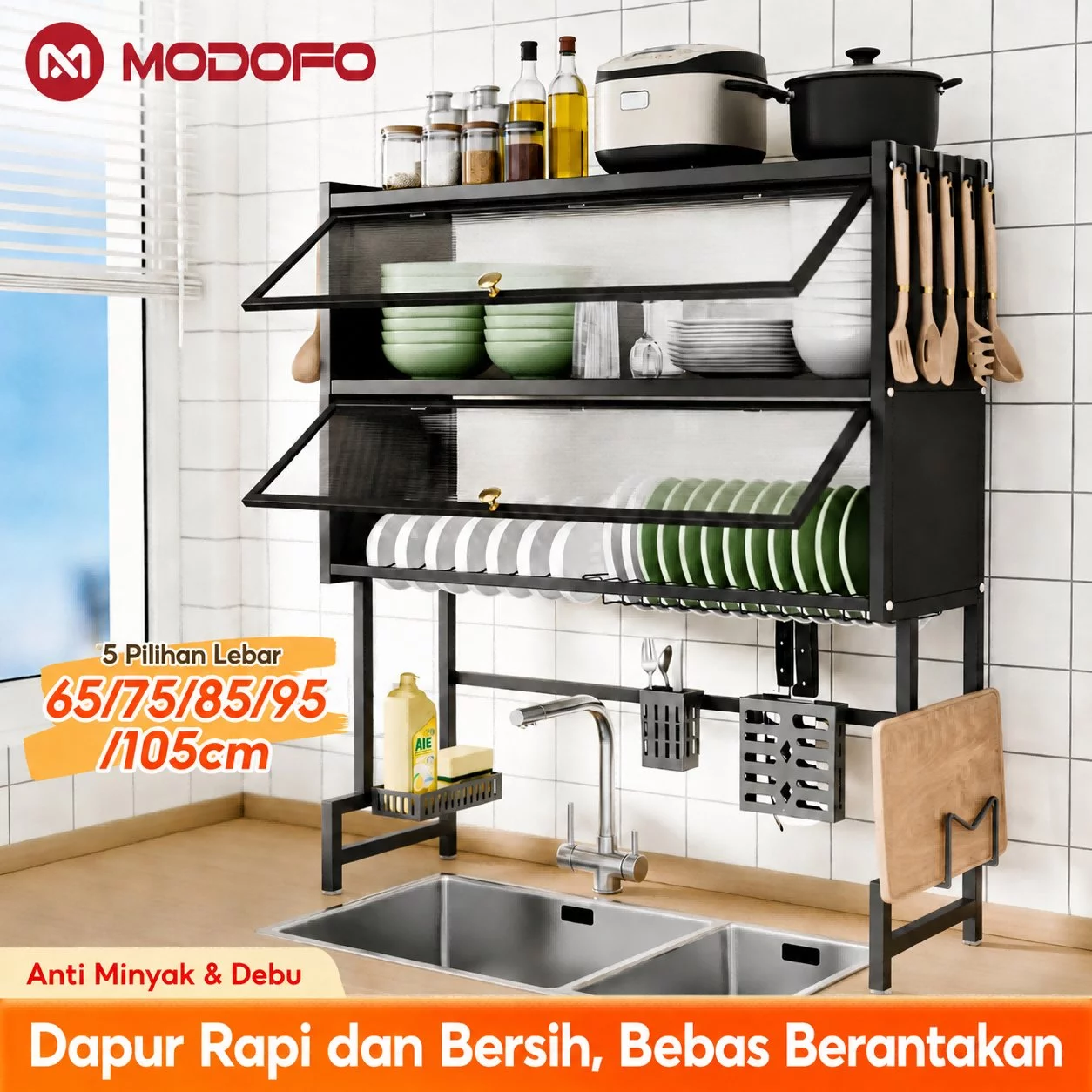 MODOFO Rak Piring Wastafel 2 Tingkat Stainless Steel Tertutup Anti Debu Anti Karat untuk Bak Cuci 65-105 cm