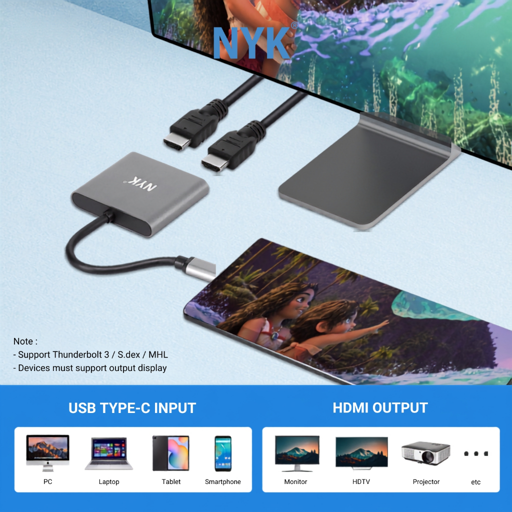 NYK Converter 2 HDMI in 1 USB 3.0 Type C to HDMI 4K 60hz 30hz HUB Dual Port HDMI F3 COD HUB bergaransi Docking Station Data transfer Mobile phone macb (4)