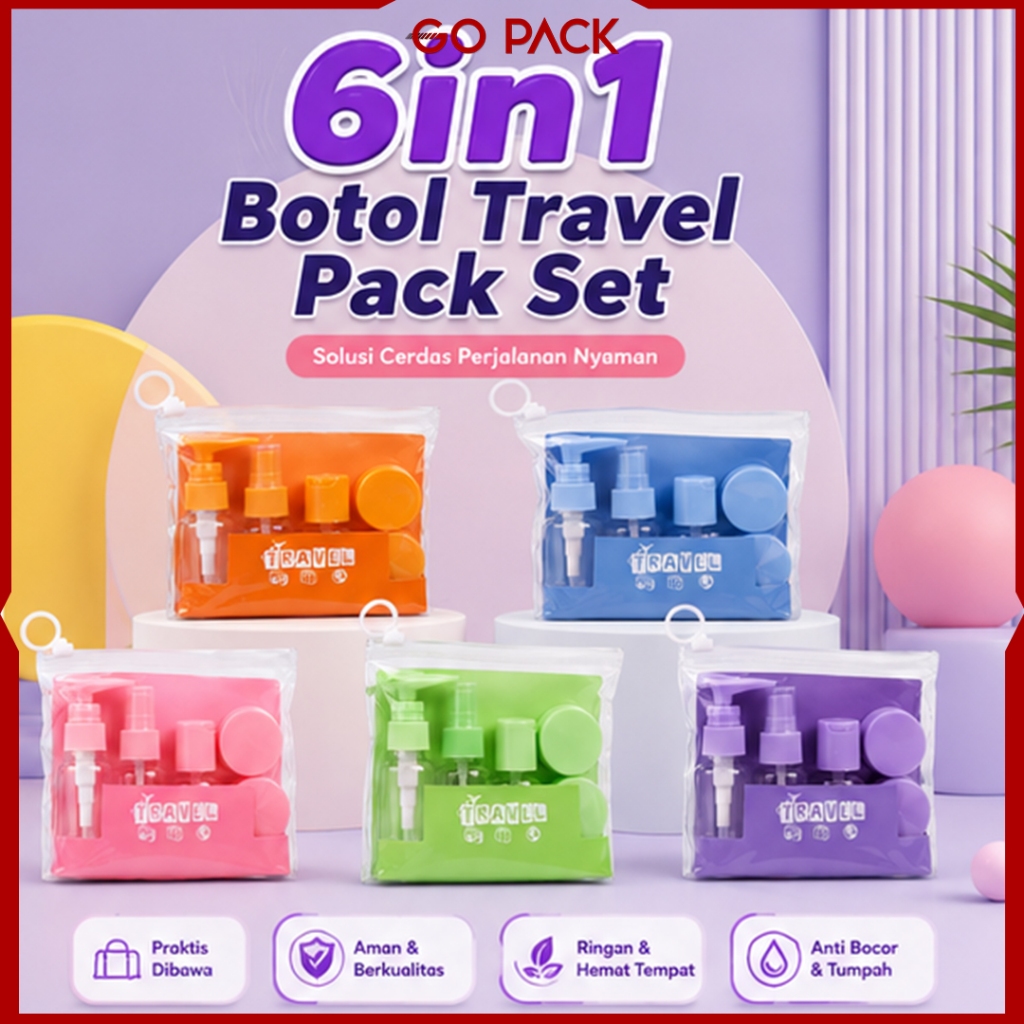 Travel Kit Botol Refill Set 6 in 1 Tempat Refill Tas Botol Wadah Isi Ulang Sabun Shampoo Cair Lotion Kosmetik Skincare Sunscreen Wajah Perlengkapan Travel Sport Bag Set Mini Praktis Pouch Botol Liburan Anti Tumpah