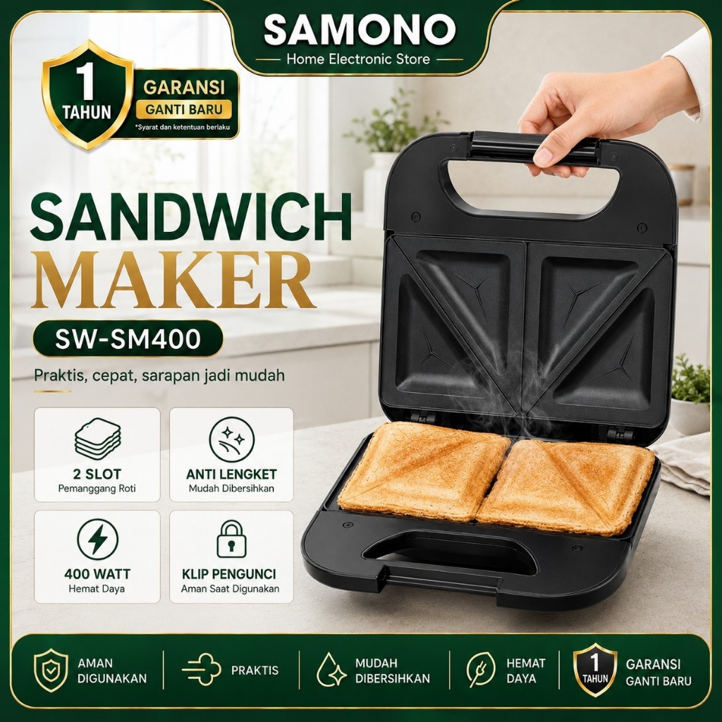Jual SAMONO Sandwich Maker Pemanggang Roti 2 Slot 400 Watt Anti Lengket ...