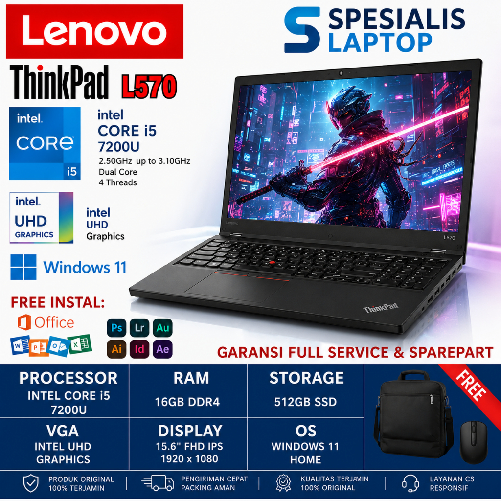 Jual Laptop Lenovo Thinkpad L570 Intel i5 7200U RAM 16GB SSD 512GB