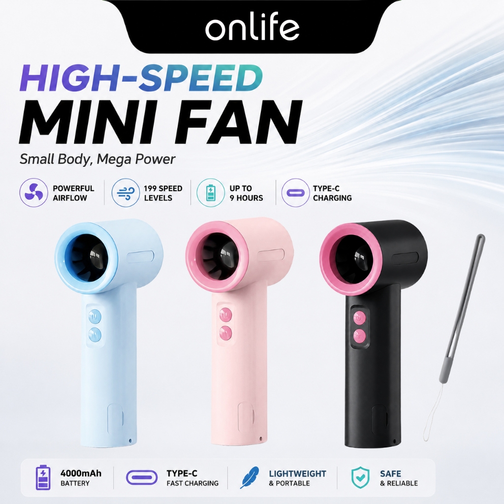 Onlife Kipas angin Mini Portable Turbo Strong Wind 199 Gear High Speed Kecil Fan Tahan Lama USB