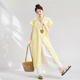 FADFAD Gaun Kemeja Wanita | Gaun Lengan Pendek Warna Pastel Kuning | Model Longgar Belah Samping Potongan Jatuh | Gaya Korea Kasual Aesthetic Modis | OOTD Santai Hangout Harian | Pakaian Cewek Import Premium Trendi Kekinian