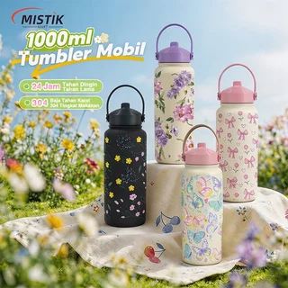 Tumbler Stainless 1000ml Termos Vacuum Motif Pita Mawar Pink Aesthetic Tahan Panas Dingin 24 Jam Botol Minum Portable Premium dengan Sedotan