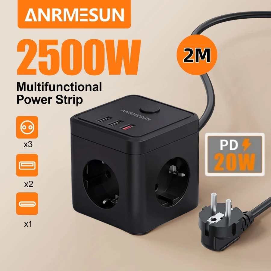 ANRMESUN Stop Kontak Kabel 20W USB Adaptor 2M Arde Colokan 2500W Power Strip 3 USB+3 Lubang StopKontak Ekstens Soket Listrik Untuk mesin cuci, lemari es, AC, penanak nasi - foto 1