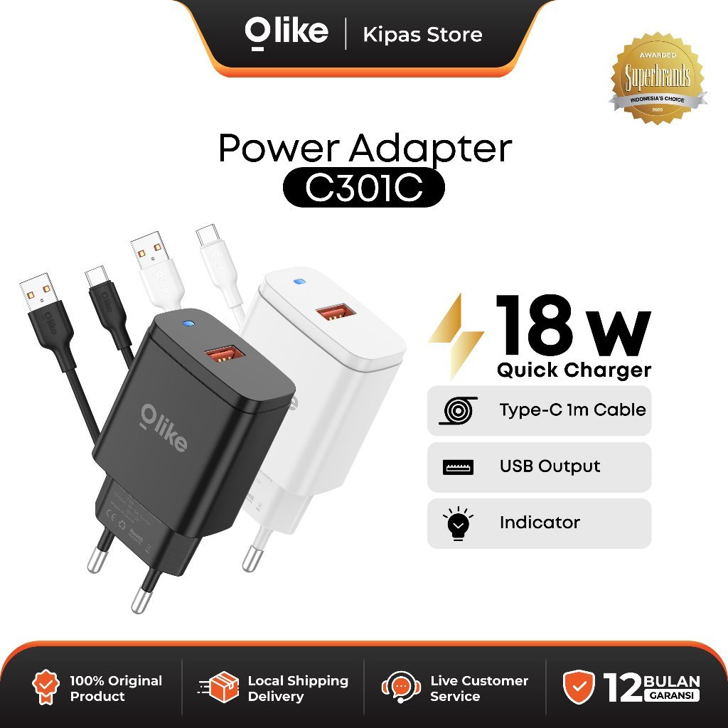 Olike Charger Set Dynamic C301 USB 18W Fast Charging Plus Cable Type-C Android