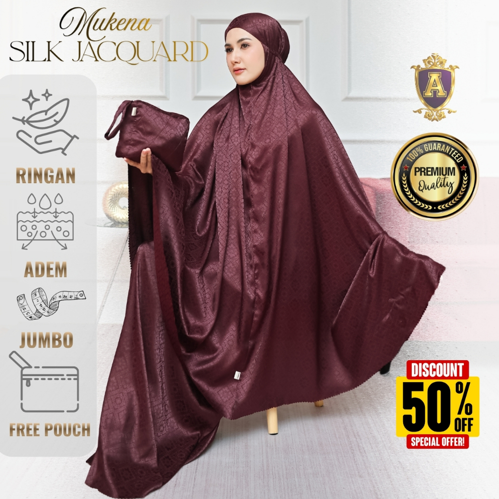 AQILA - Mukena Dewasa Premium Silk Jacquard Resleting Dagu 2in1 Free Pouch Traveling Mewah