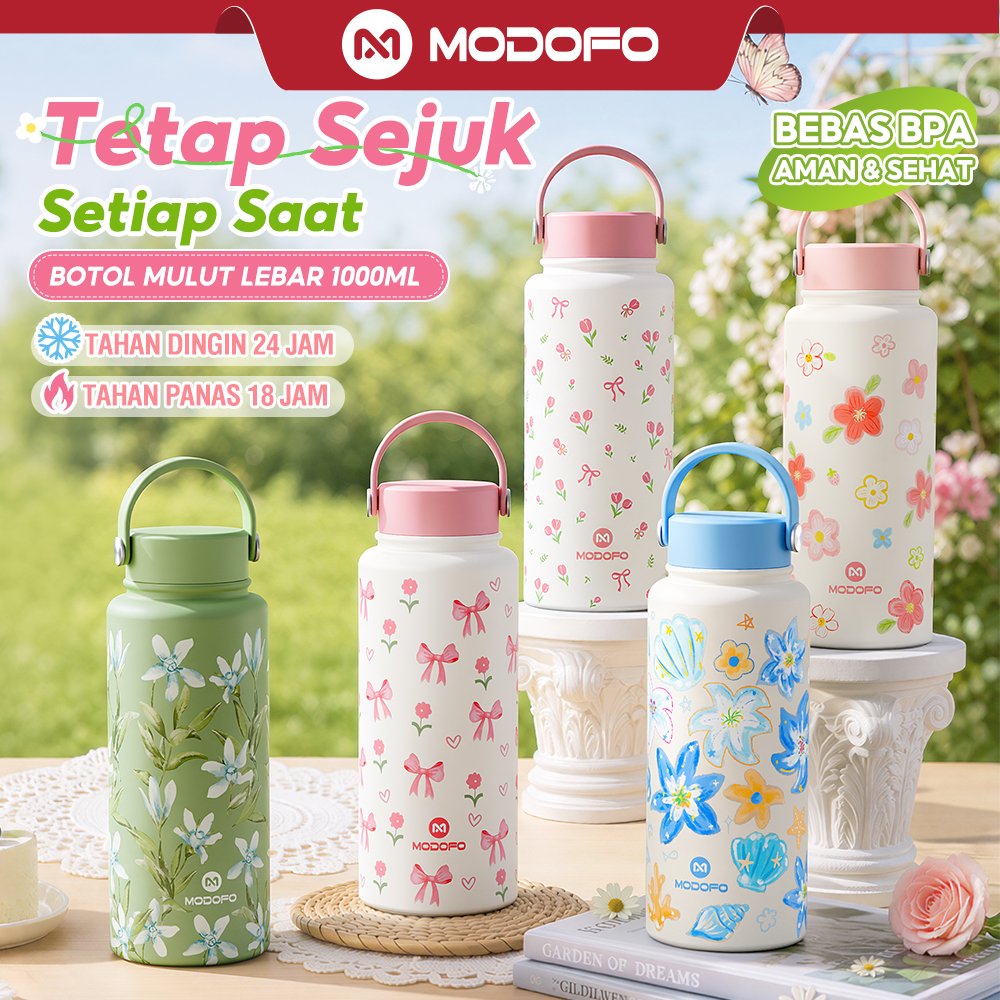 MODOFO Tumbler Stainless 1000ml Tambler Botol Minum Aesthetic 1 Liter Lucu Tumblr Tahan Panas Dingin 24 Jam Kopi Termos Air Panas Hydrojug
