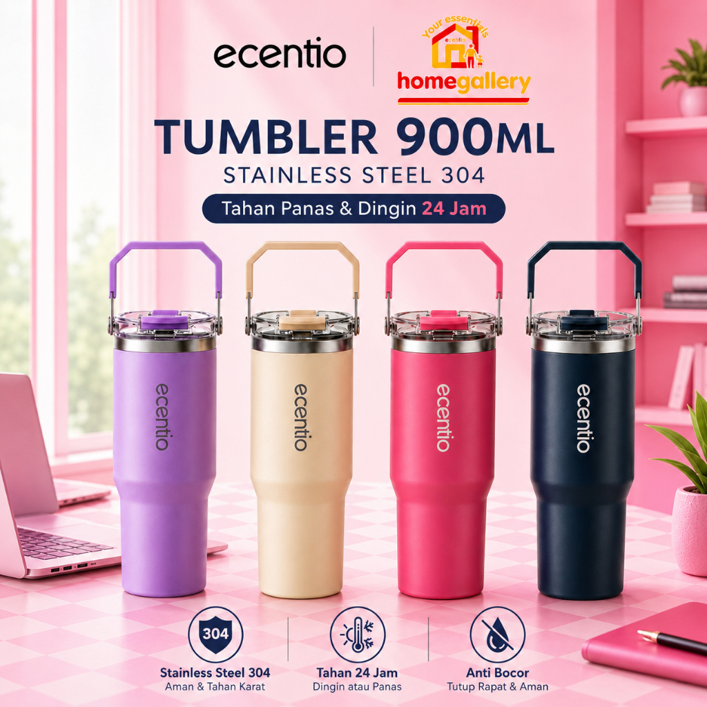 ecentio tumbler pink stainless 304 900ml sedotan stainless steel vacuum insulated botol minum aesthetic, tambler botol minum aesthetic tumbler tahan panas dingin 24 jam termos air panas kopi cup BPA free untuk pria & wanita cocok kado pernikahan