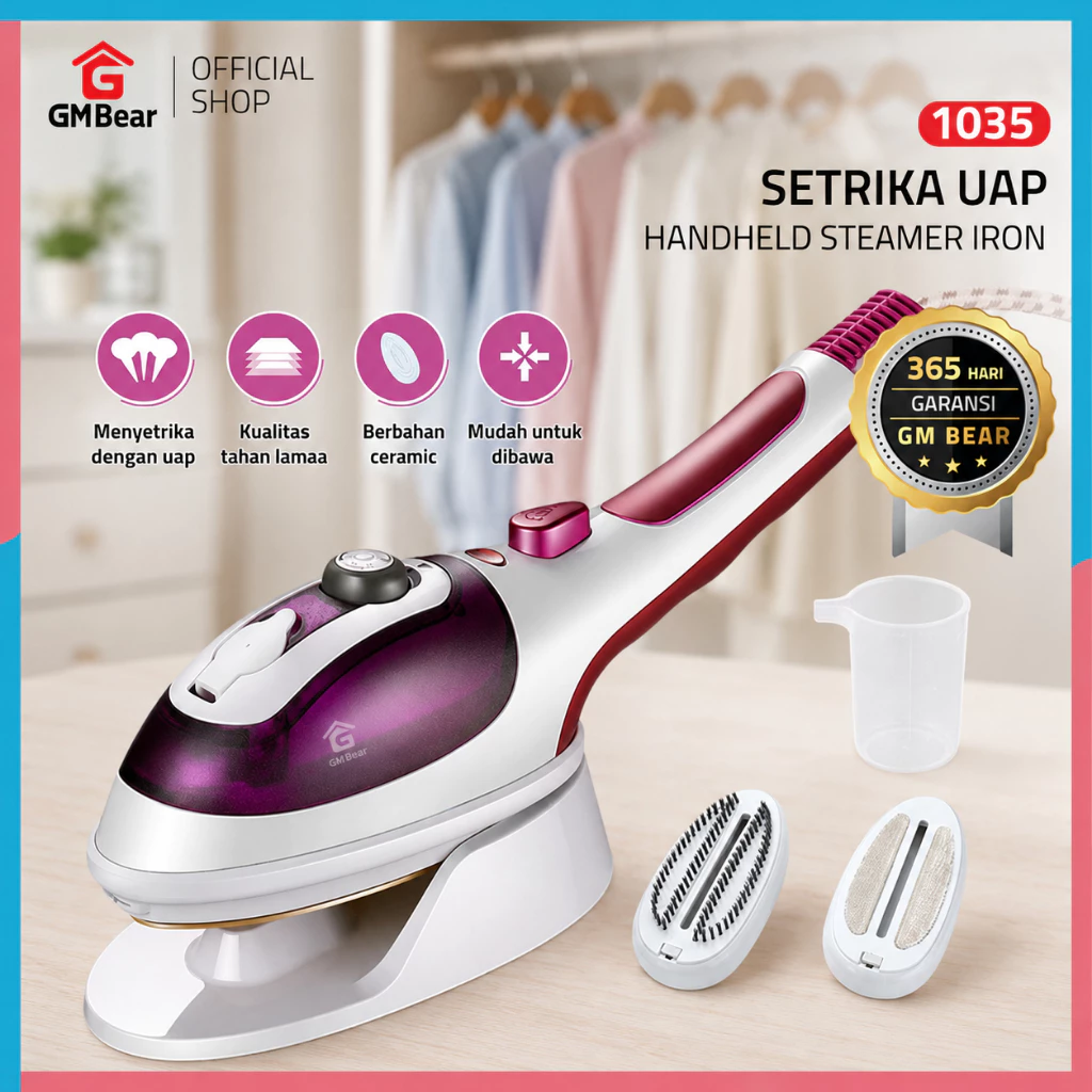 GM Bear Setrika Uap Portable 1035 - Setrika Uap Low Watt Setrika Travelling