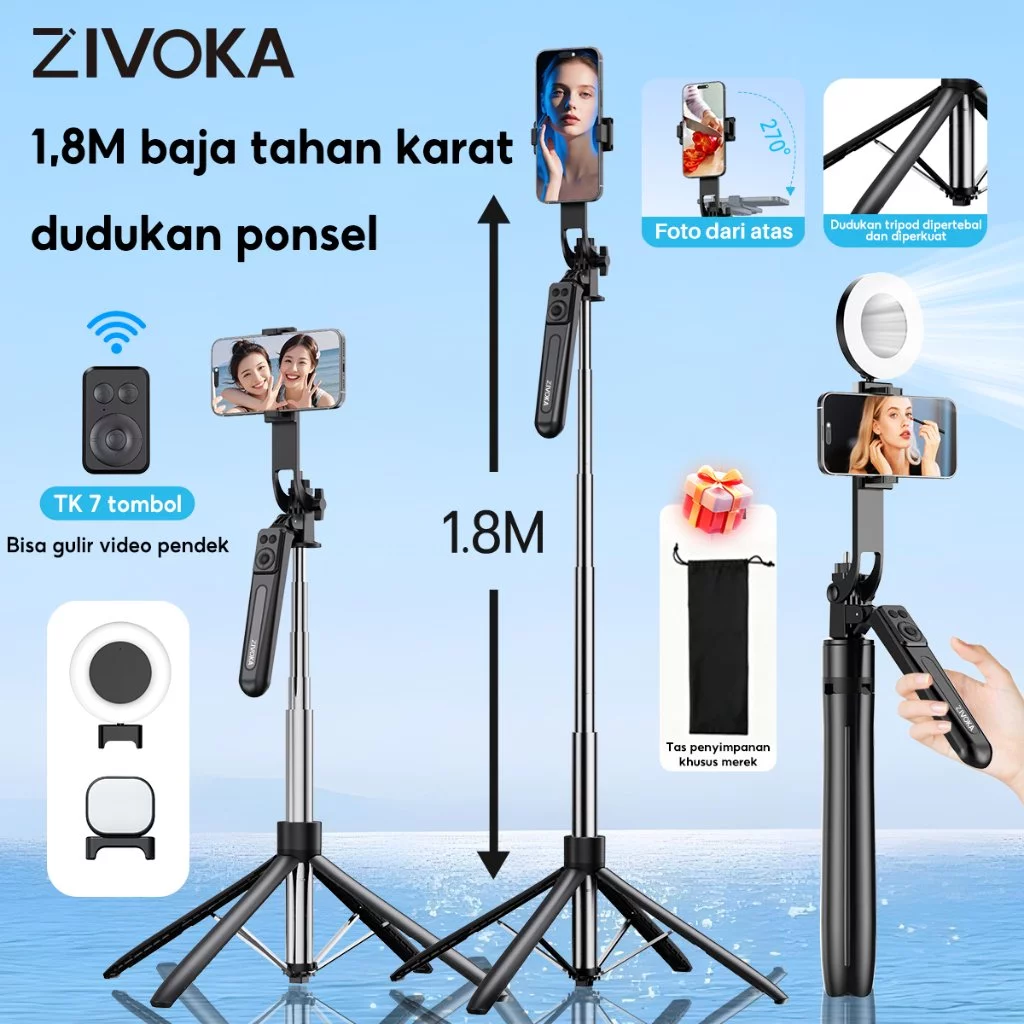 (Teknologi eksklusif, rilis eksklusif) ZIVOKA ZT17 Tongsis Tripod 4 Kaki 1.8M Tabung Baja Tebal Anti Karat Remote 7 Tombol Kontrol