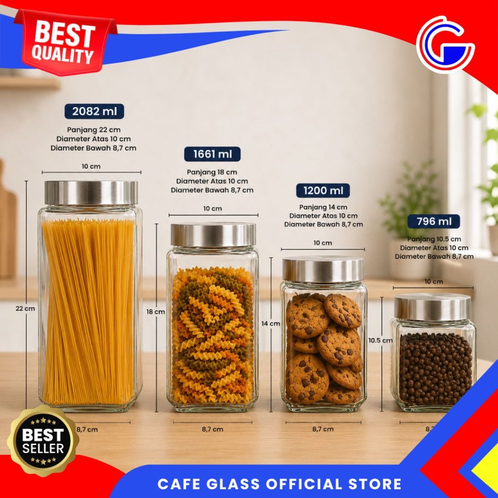 Toples Kue Kering - Toples Kaca Kotak Tutup Stainless - Toples Lebaran Kaca
