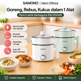 SAMONO Panci Listrik Multifungsi 1,5 Liter 3in1 Low Watt Stainless Steel Anti Lengket Penggorengan Elektrik Serbaguna Steamer Kukusan FryPan Teflon Panci Hotpot SW-DG04S Garansi