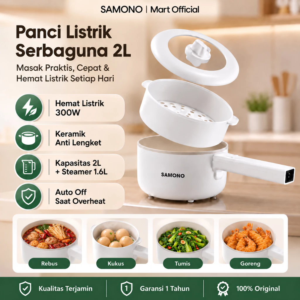 SAMONO Panci Listrik Multifungsi 2L Low Watt 3in1 Hemat Listrik Penggorengan Elektrik Serbaguna Steamer Rebus Kukus Food Grade Keramik Anti Lengket Anti Gores SW-DG08 Garansi