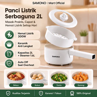 SAMONO Panci Listrik Multifungsi 2L Low Watt 3in1 Hemat Listrik Penggorengan Elektrik Serbaguna Steamer Rebus Kukus Food Grade Keramik Anti Lengket Anti Gores SW-DG08 Garansi